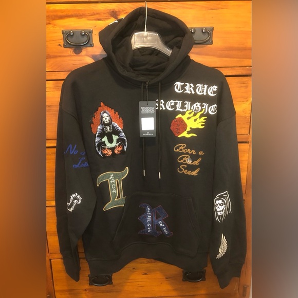 True Religion Hoodie Broadway Patch Embroidery Sweatshirt Fleece Black Size S - Picture 1 of 16
